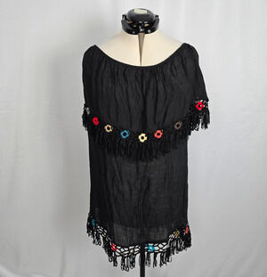 LA Class Boho Coverup Dress Women's L Black w/ Colorful Embroidering Fringe NWT